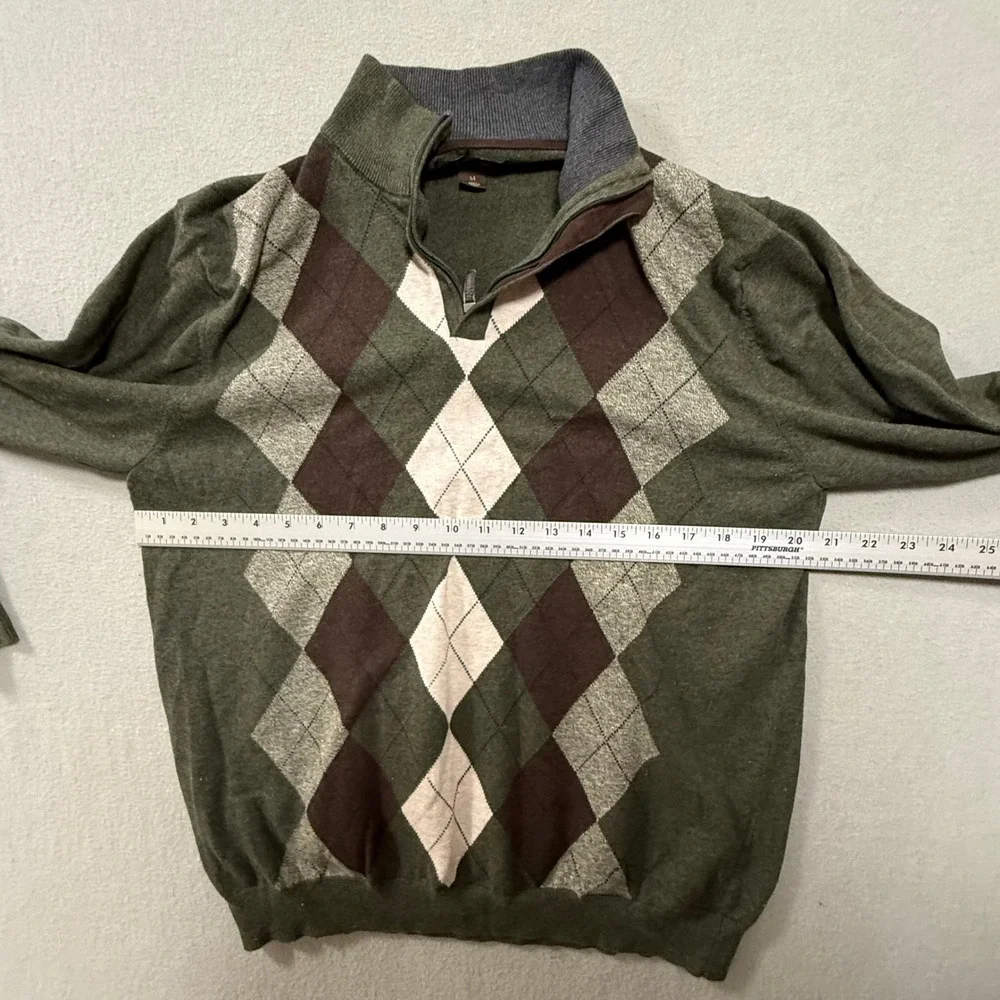 Preppy Retro Golf Green Grey Argyle 1/4 Zip‎ Cotton Pullover Sweater Men Medium